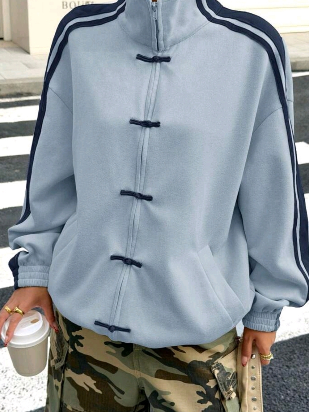 Light Blue Track-Style Zip Jacket with Navy Accents - Picture 3 of 6